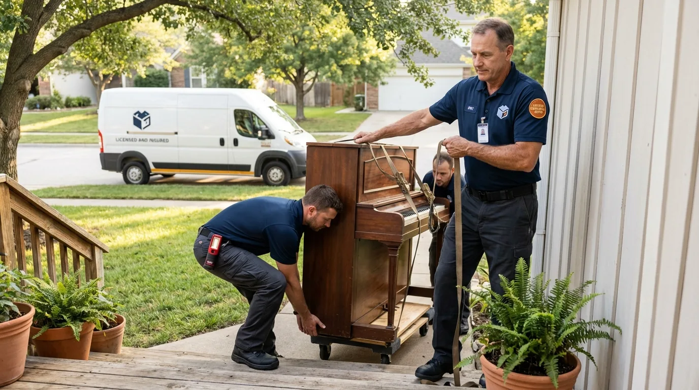 Licensed piano movers securing grand piano in Lone Star, TX