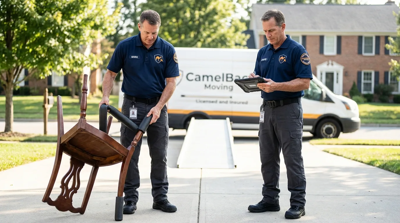 Movers inspecting furniture for damage prevention before loading in Lone Star, TX