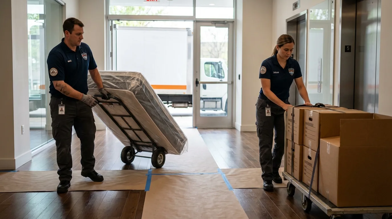 Professional apartment movers loading elevator in Lone Star, TX